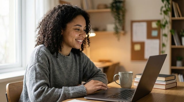 ai generated, woman, laptop, working, studying, home office, remote work, online learning, desk, books, mug, curly hair, education, technology, indoor, natural light, cozy, concentration, freelancer, student, workspace, modern, lifestyle